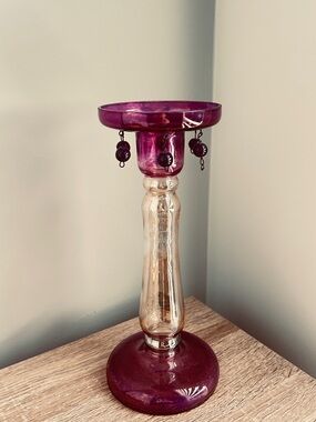 Vintage Purple Glass Candle Holder with Hanging Bead Accents – 8 1/2” Tall